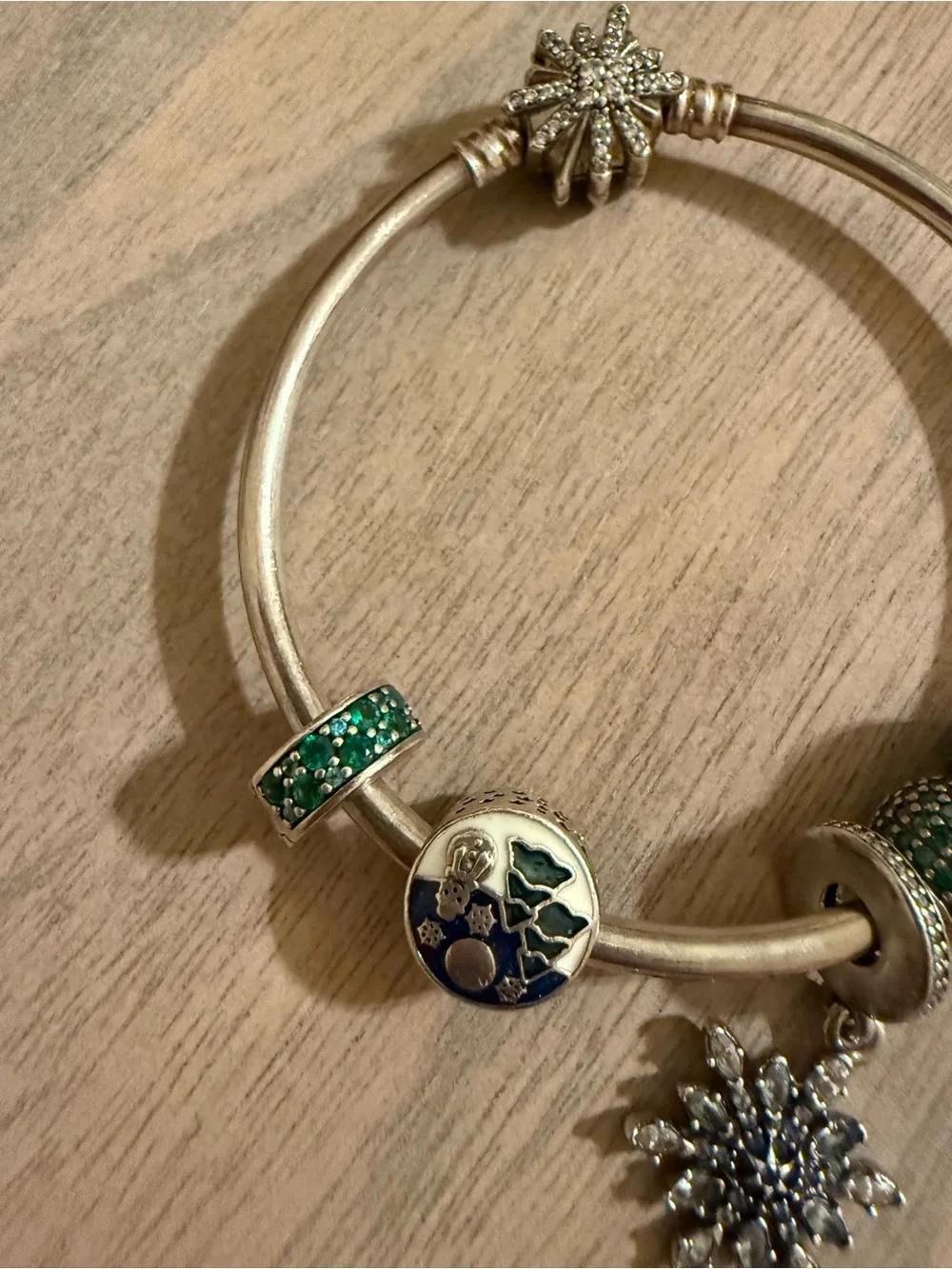 Pandora Silver Bangle with Green Crystal clips and winter theme charms